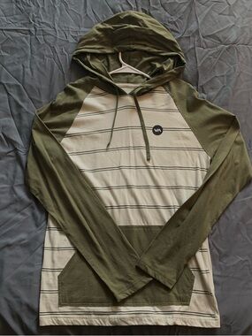 RVCA Olive & Cream Striped Hooded Long Sleeve Pullover
